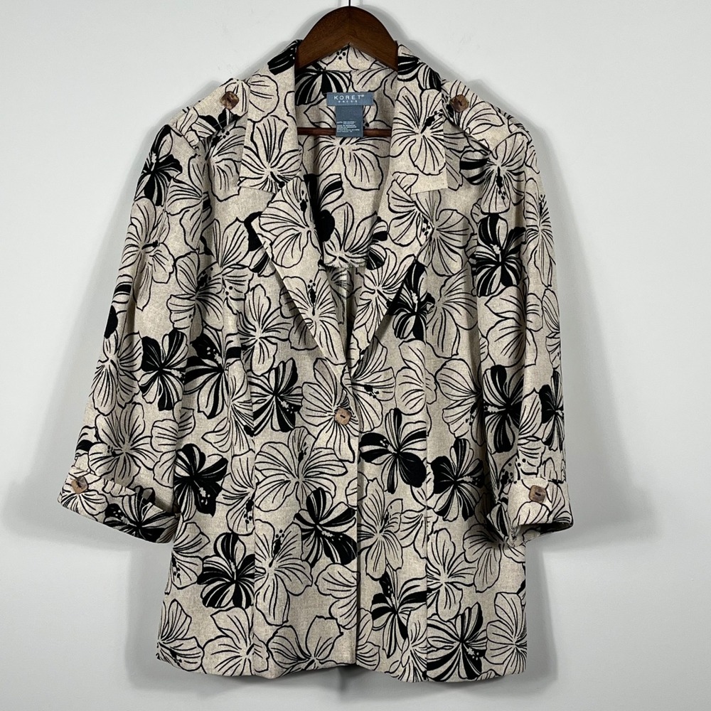 Koret Dress Women 16 Blazer Jacket Beige Black Hibiscus Floral 3/4 Sleeve